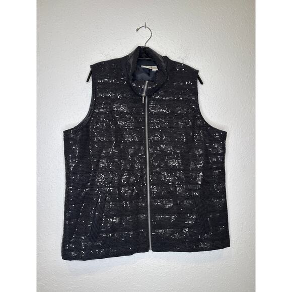 Chico’s Jackets & Blazers - Chico’s Collection Black Sequin Zip Vest EUC Sz US L/12 or Chico’s 2 Polyester